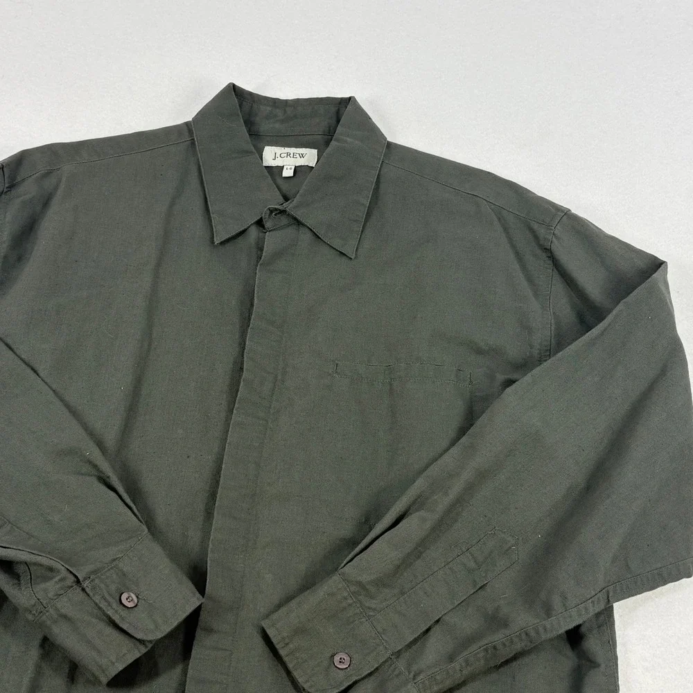J. Crew Button Down‎ Shirt Mens L Olive Green Cabin Preppy Gorpcore Classic FLAW